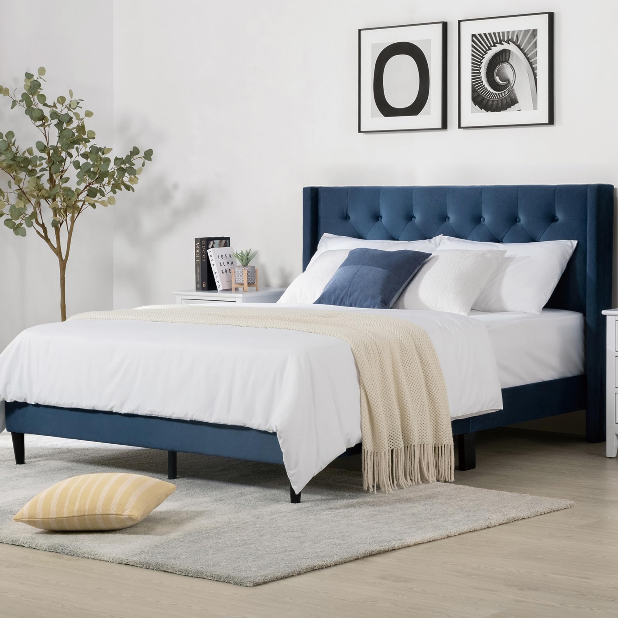 Queen Bed Frame, Velvet Upholstered Platform Bed Mattress Foundation