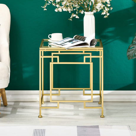 Gold Side Table, Glass Top End Table with Metal Frame, Square Coffee Accent Table Modern