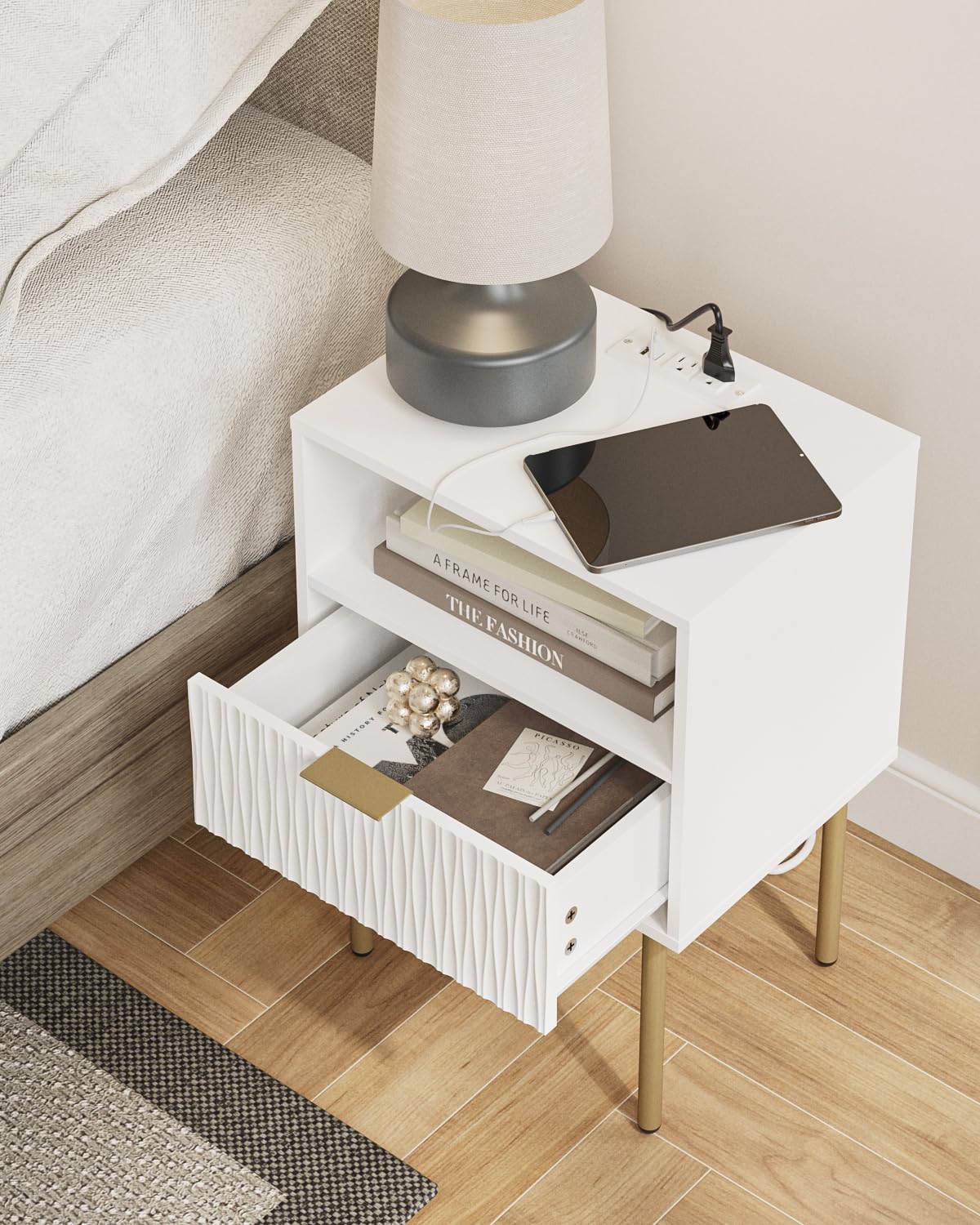 Stand Charging Station, Modern Bedside Table with Storage Drawer, Small Side Table with Open Wood Shelf, Nightstand, End Table for Bedroom, Living Room, White