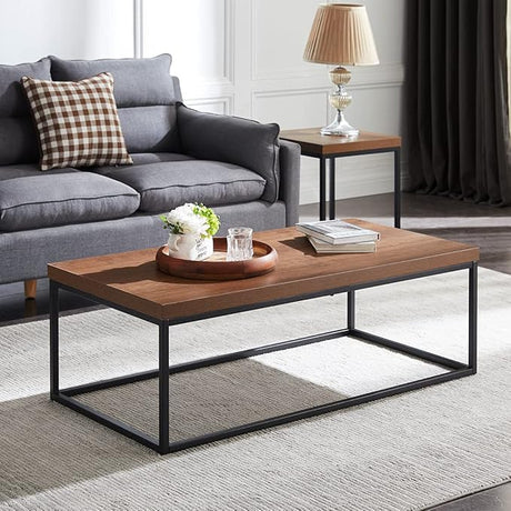 Natural Oak Coffee Table for Living Room, 47" Modern Industrial Rectangular Wood