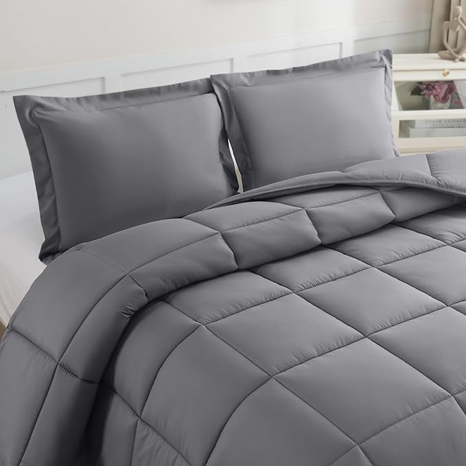 3-Piece Box Stitched Down Alternative Comforter with Shams - Ultra Soft for All Season