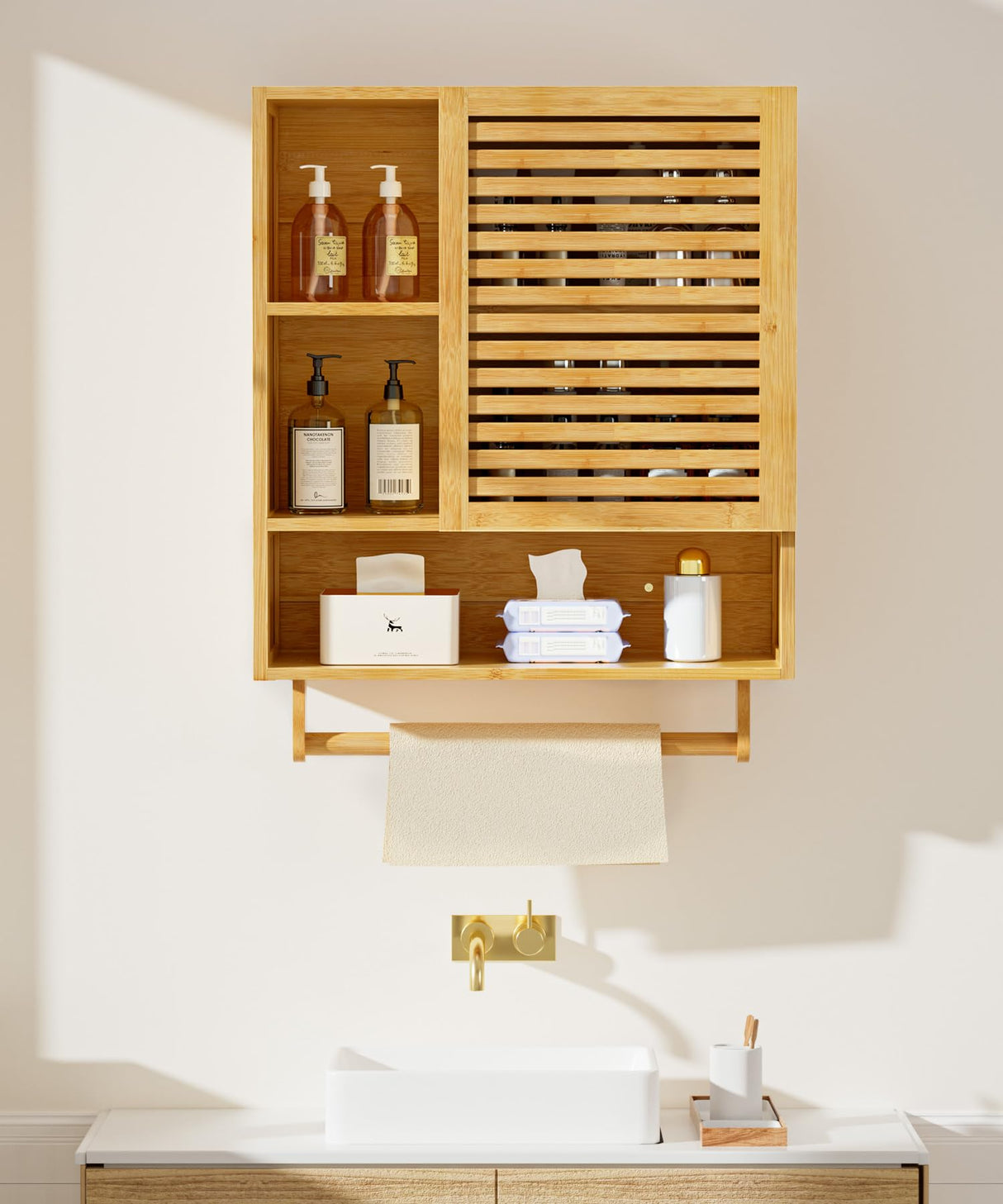 Bamboo Bathroom Cabinet Wall with Towels Bar, Medicine Organizer with Open Compartment