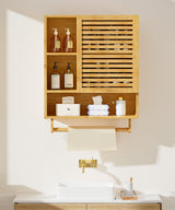 Bamboo Bathroom Cabinet Wall with Towels Bar, Medicine Organizer with Open Compartment