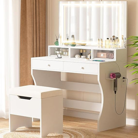 Vanity Desk with LED Lighted Mirror and Power Outlet, Makeup Table with 4 Drawers