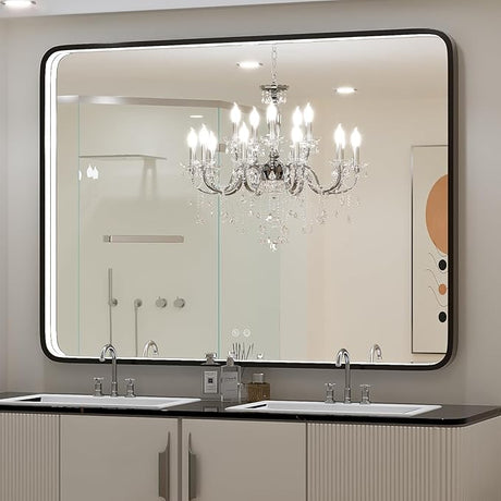 36x24 Inch LED Bathroom Mirror with Lights, Black Metal Frame Mirror