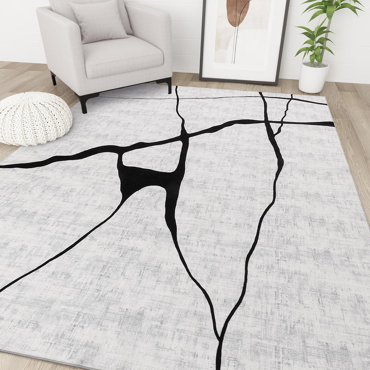 Modern Area Rugs for Living Room, Washable Black and White Rug 5 x 8,