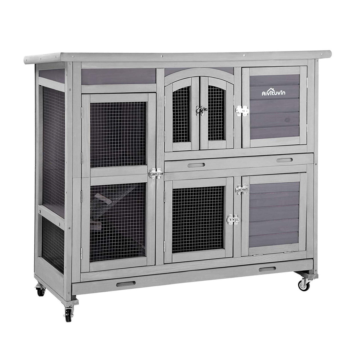 47" Two Story Rabbit Hutch Bunny Cage with Wheels, Indoor Outdoor Guinea Pig Cage