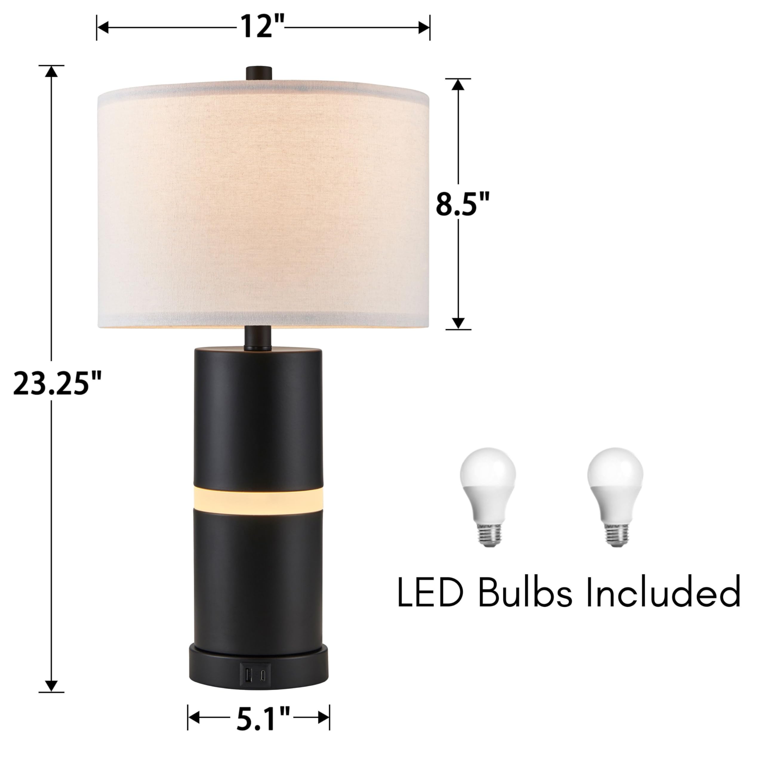 23.25" Black USB Table Lamp Set with Built-in Night Light (Set of 2)