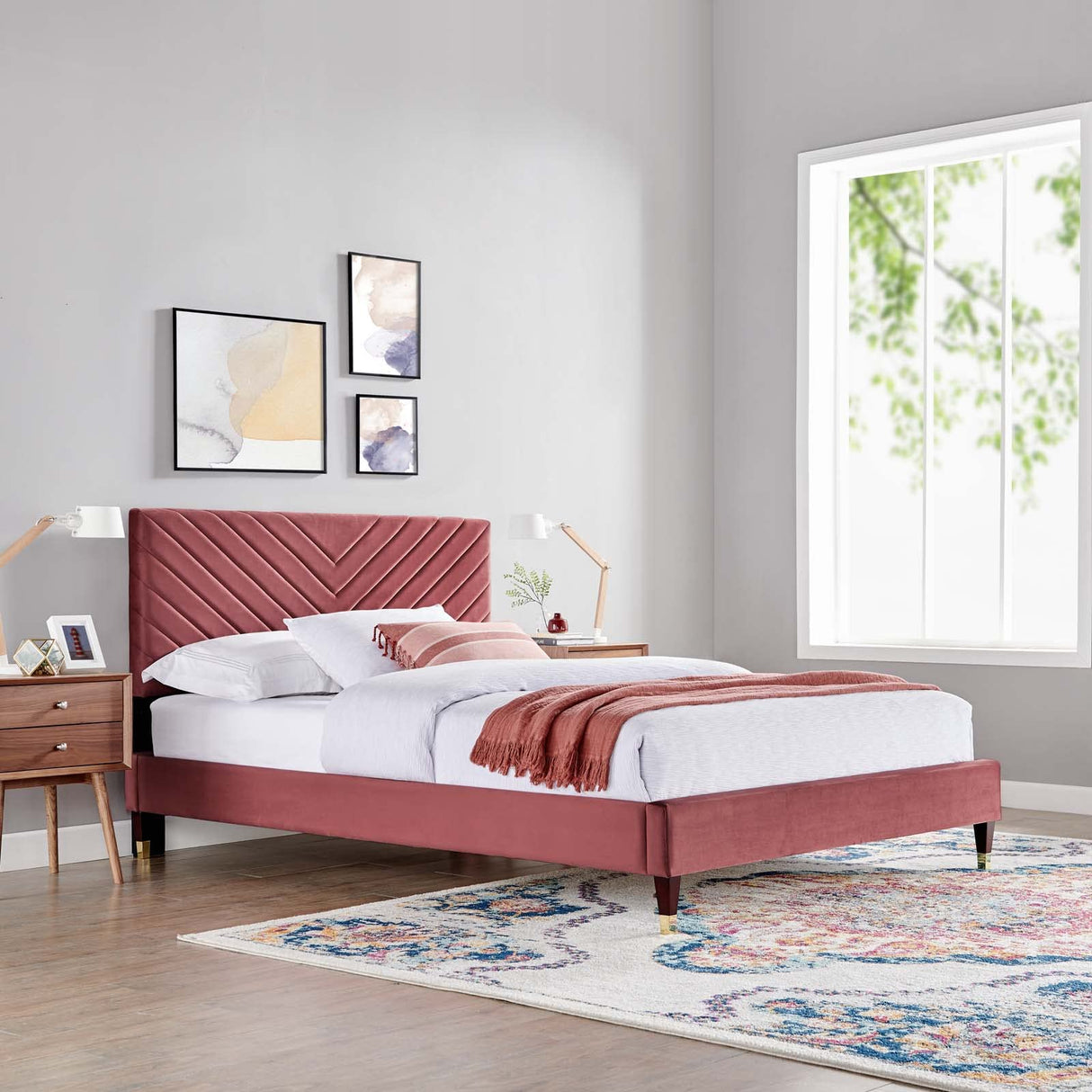 Roxanne Performance Velvet Queen Platform Bed, Dusty Rose
