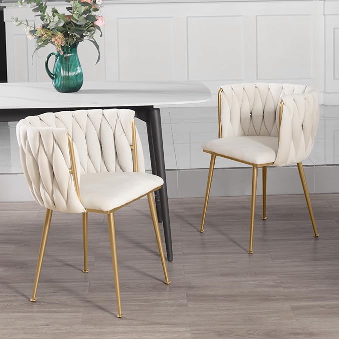 Velvet Dining Chairs Set of 2, Accent Chairs with Gold Metal Legs, Woven Upholstered