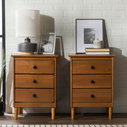Myron Modern 2 Piece Solid Wood 3 Drawer Nightstand Set, 2 Pack, Caramel