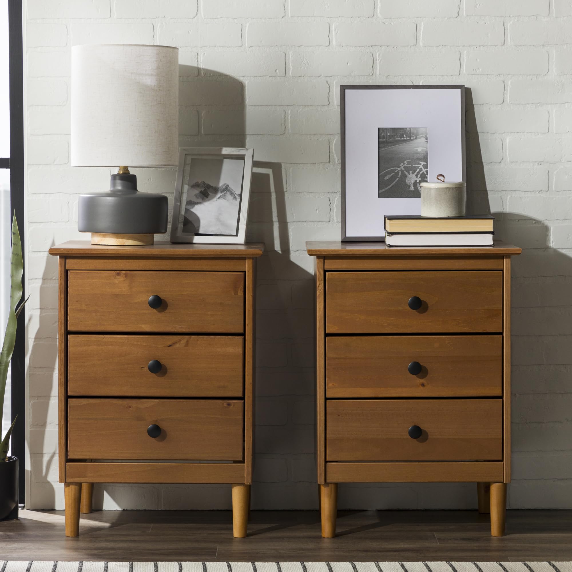 Myron Modern 2 Piece Solid Wood 3 Drawer Nightstand Set, 2 Pack, Caramel