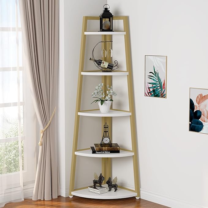 70 inch Tall Corner Shelf, 5 Tier Rustic Corner Bookshelf Bookcase Industrial Corner Ladder Shelf Plant Stand for Living Room, Kitchen, Home Office (Brown)