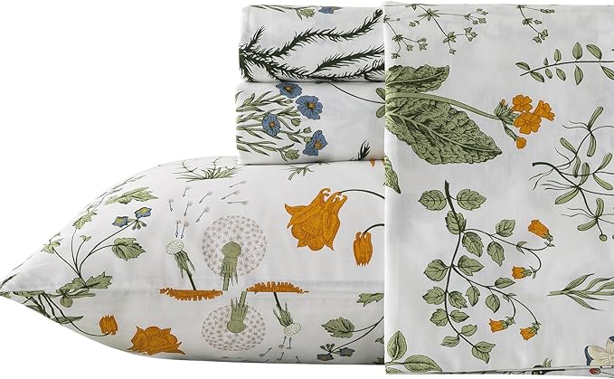 Queen Sheet Set 100% Percale Cotton Green Floral Bed Sheet Set Yellow Flower & Green