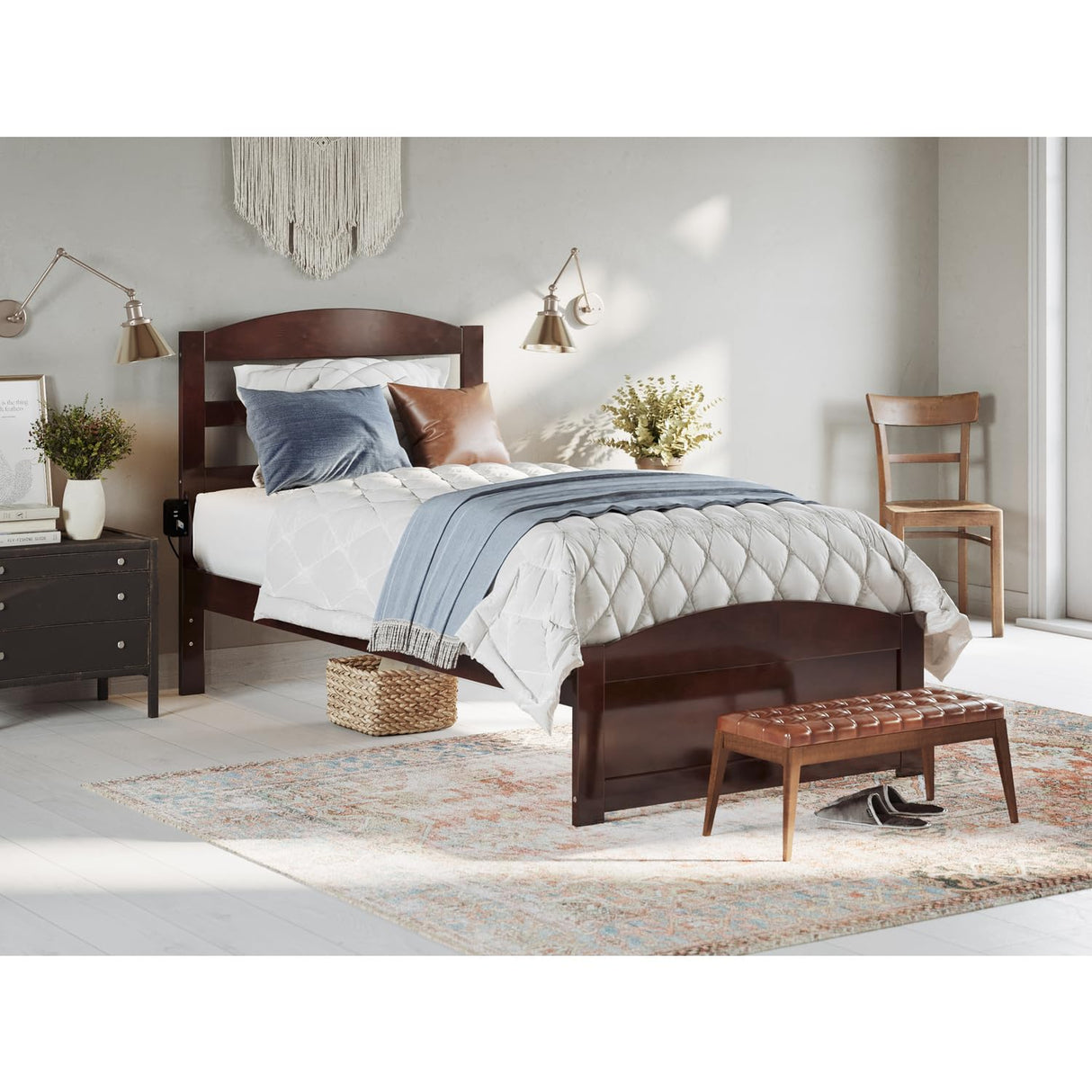 Solid Wood Twin XL Bed with Footboard and USB Charger in Walnut