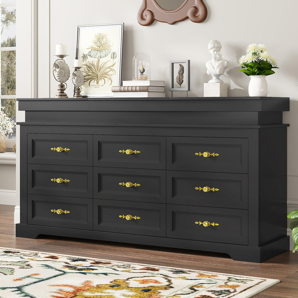 Black 9 Drawer Dresser for Bedroom, Long Wooden Chest of Drawers with Power Outlets, TV Stand Dresser with LED Lights, Wood Dresser Oragnizer for Closet, Living Room