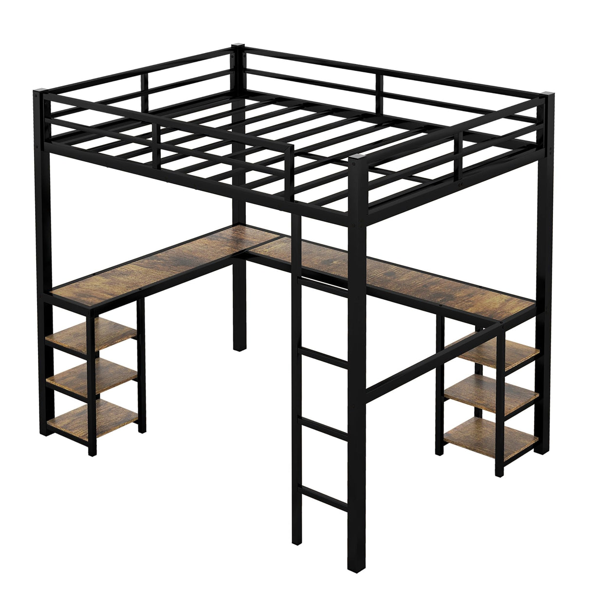 Full Size Loft Bed with L Shaped Desk,Metal Frame Loft Bed Full with Storage Shelves