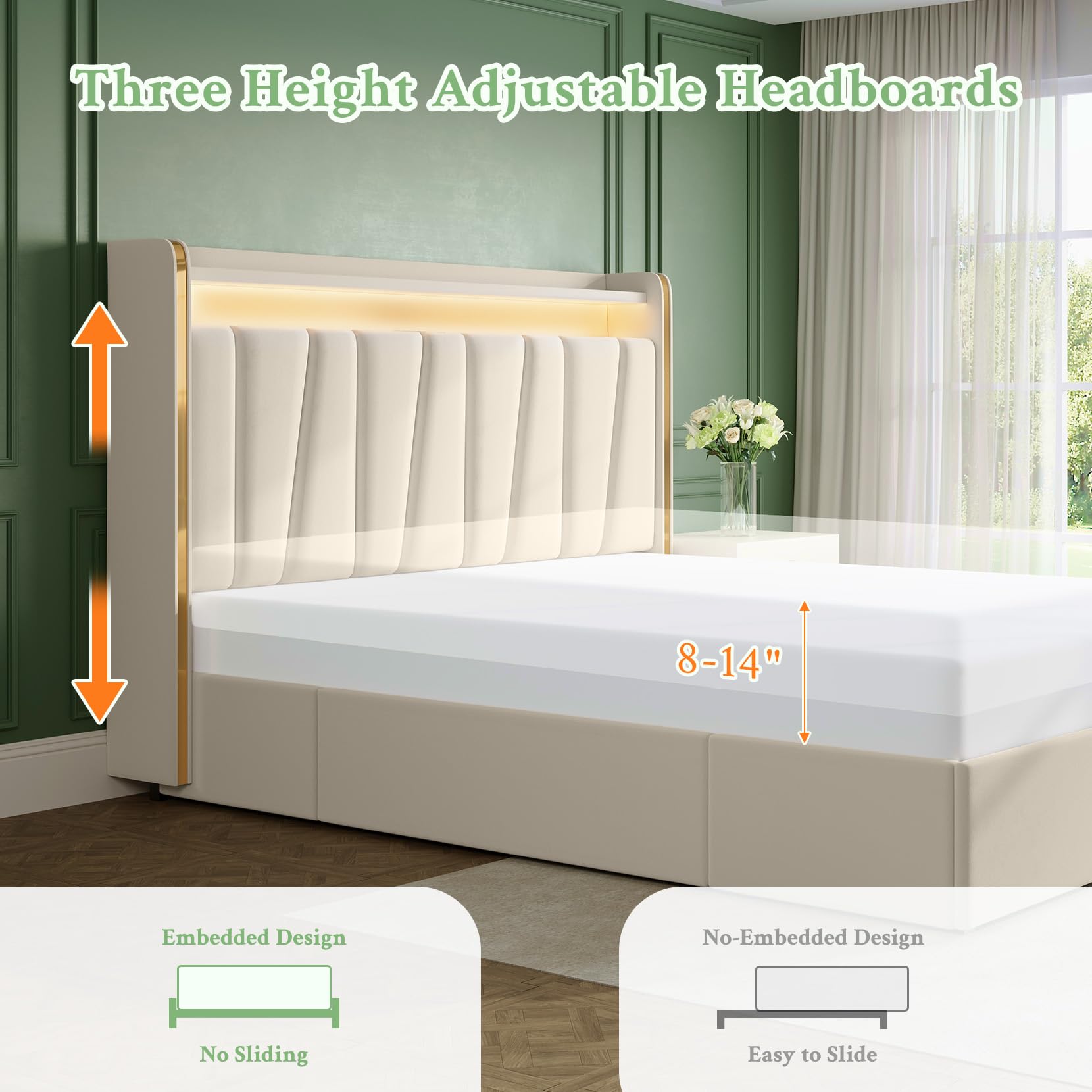 Queen Platform Bed Frame with Storage Drawers & LED Headboard