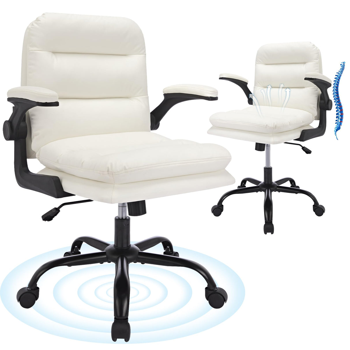 Ergonomic Swivel Office Chair with Flip-Up Armrests - White (Set of 2)