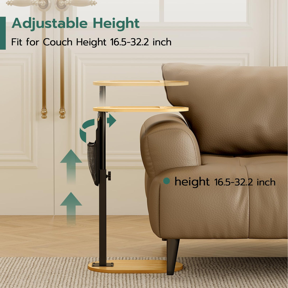 Couch Side Table with Adjustable Heights, Bamboo Sofa Tray Table with Storage Pocket