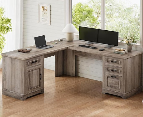 Farmhouse Executive L Shaped Desk, Home Office Desk with File Drawer and Power