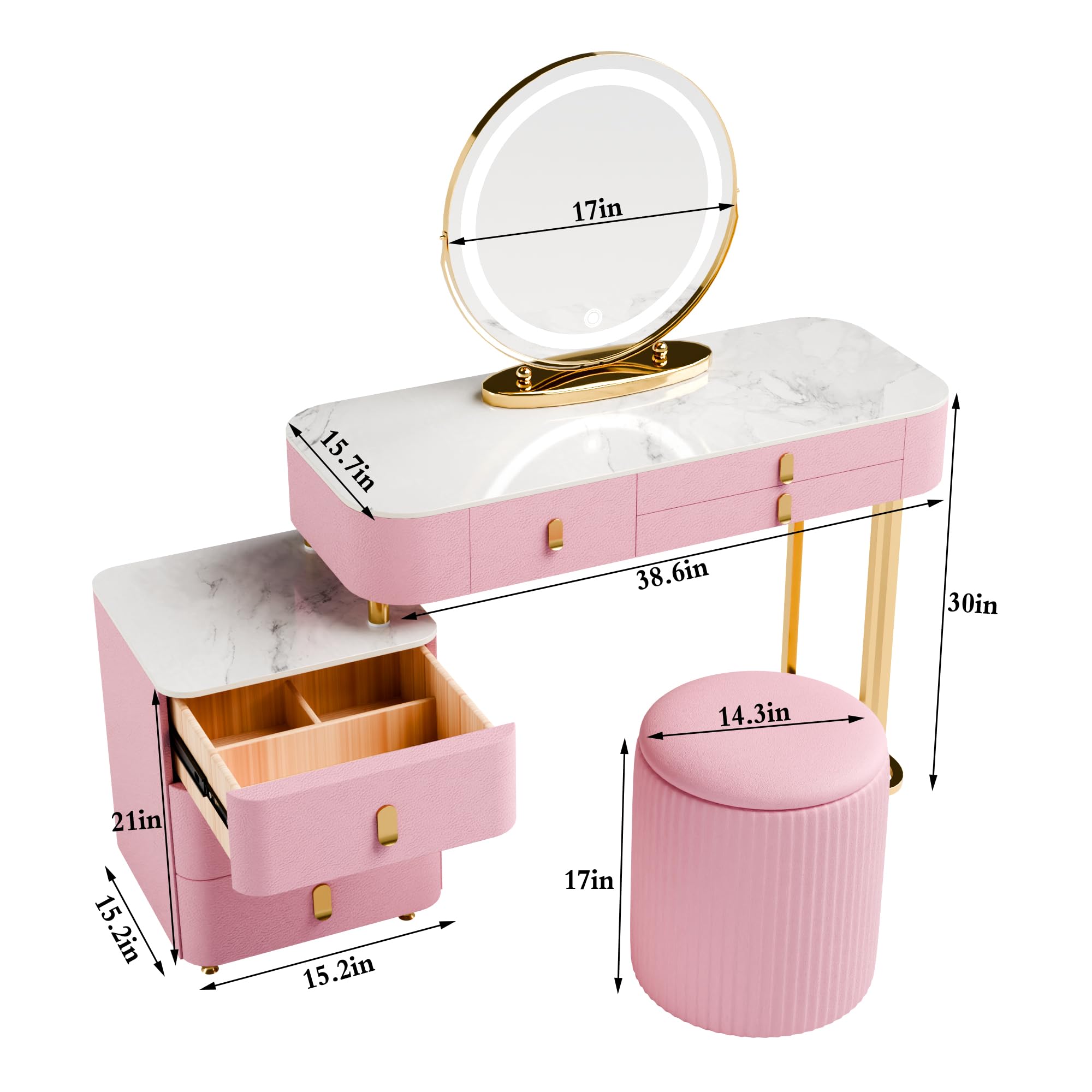 Hunlyman Luxury Makeup Vanity-Vanity Desk with 3-Color Adjustable Lights and 6 Solid Wood Drawers,Dressing Table with Side Cabinet Marble Desktop for Modern Bedroom for Her Gift (Pink)