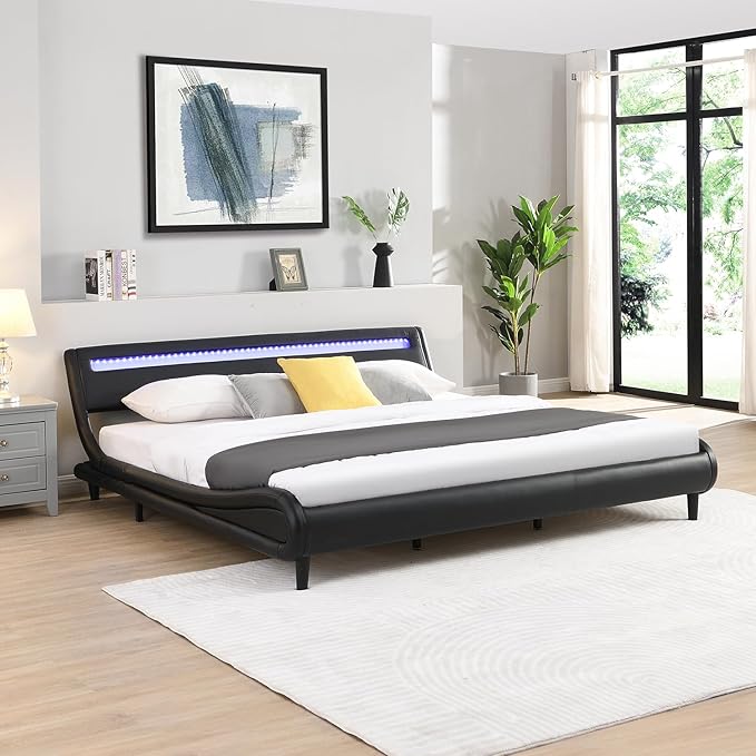 Upholstered Platform Bed Frame with LED Lights Headboard