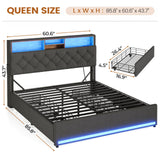 Queen Bed Frame with Hidden Storage Headboard & 4 Drawers, LED Bed Frame Queen