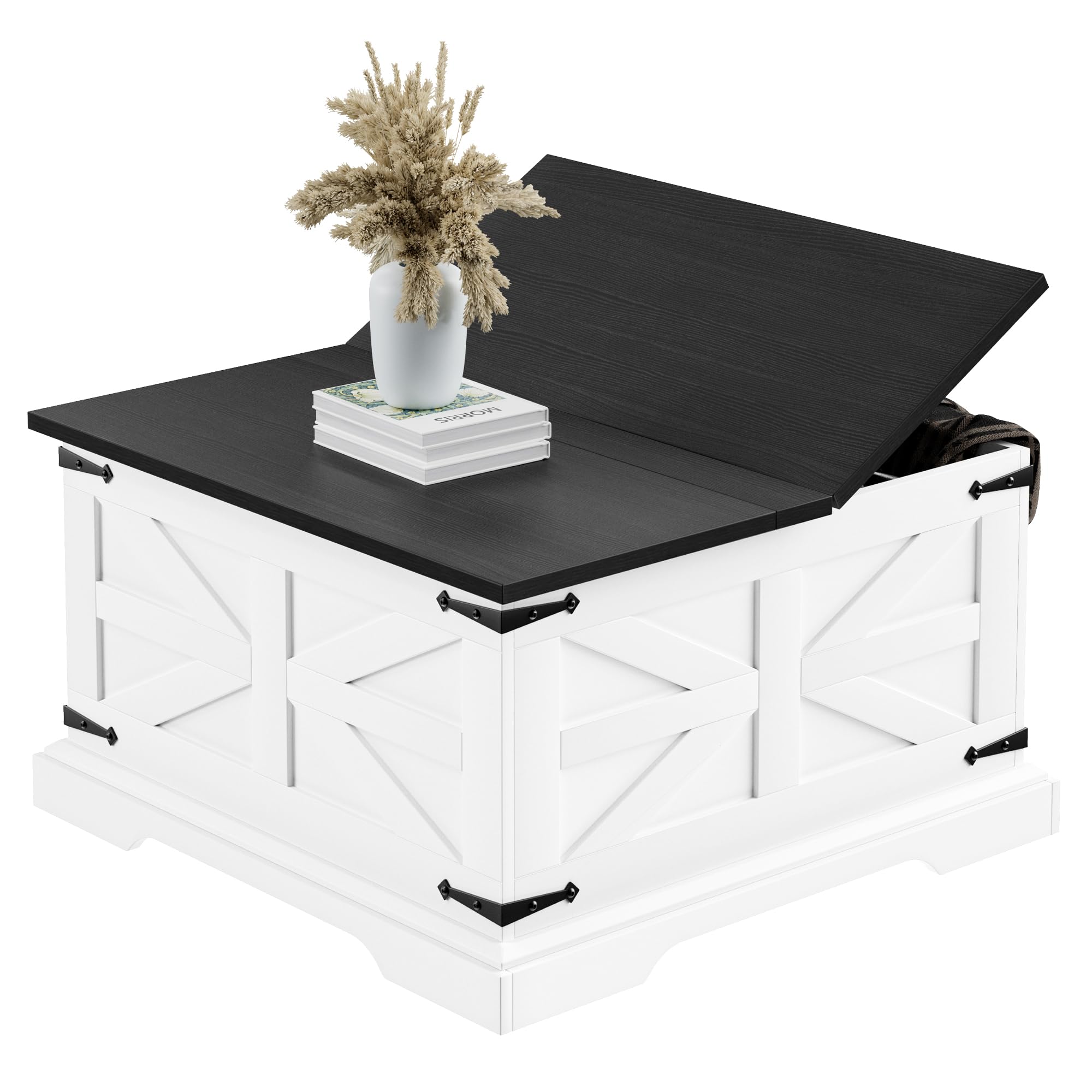 Farmhouse Coffee Table with Storage, Square Center Table for Living Room, Rustic
