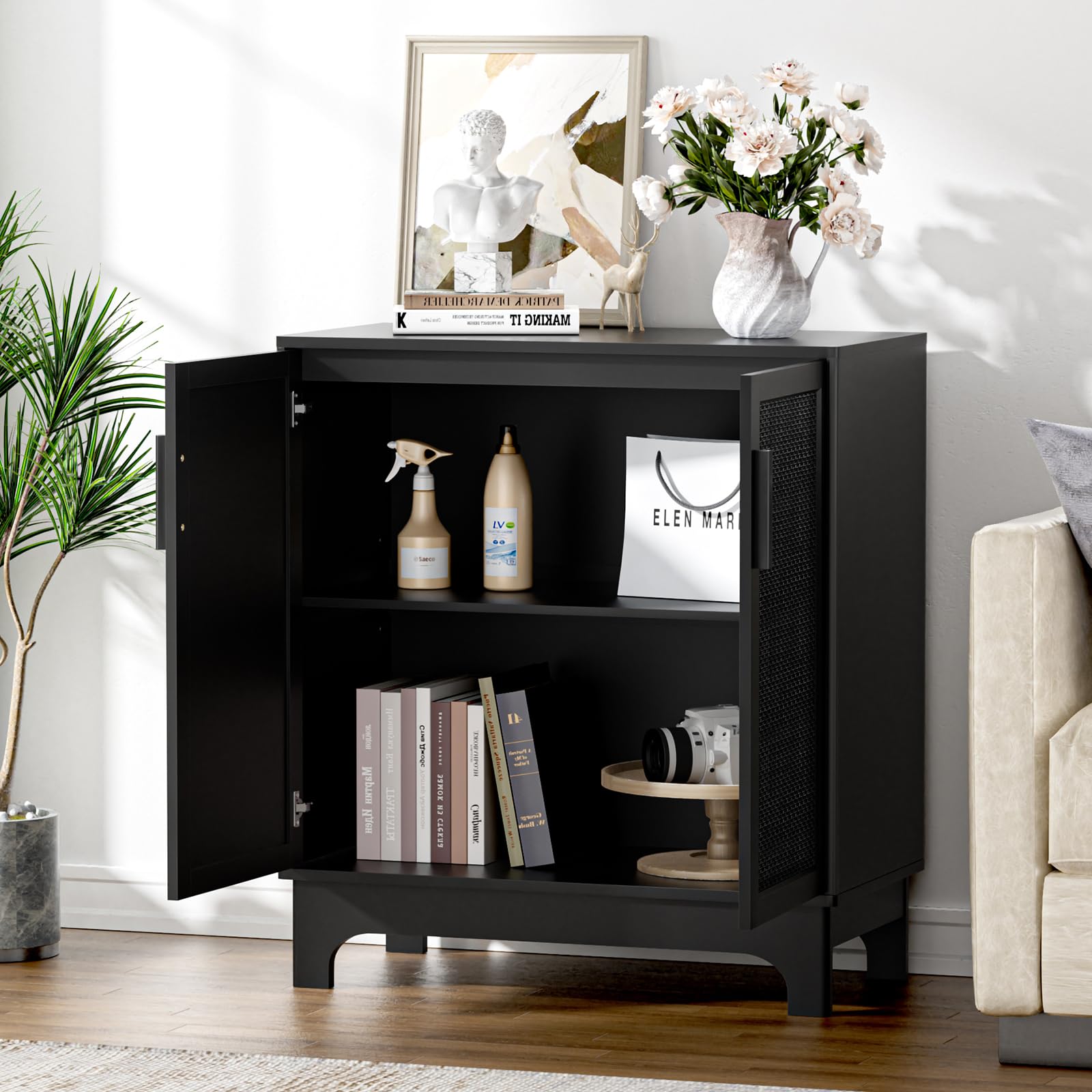 Black Rattan Cabinet, Natural Rattan Storage Cabinet