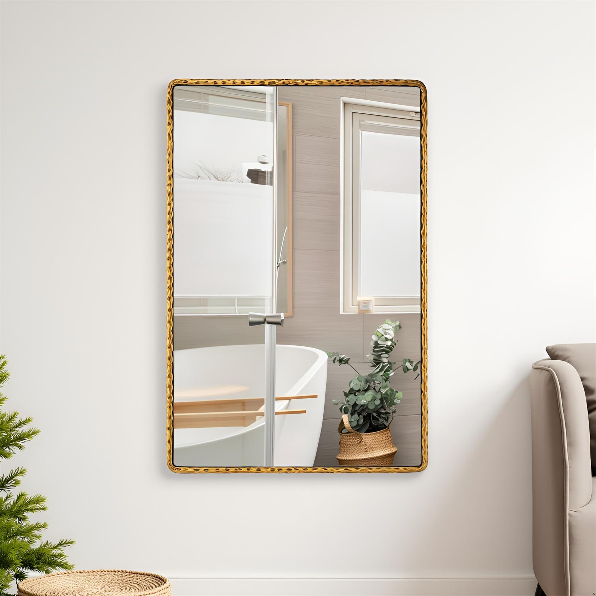 Rectangle Bathroom Mirror with Rounded Corner - Antique Gold Hammered Metal Frame 24x36
