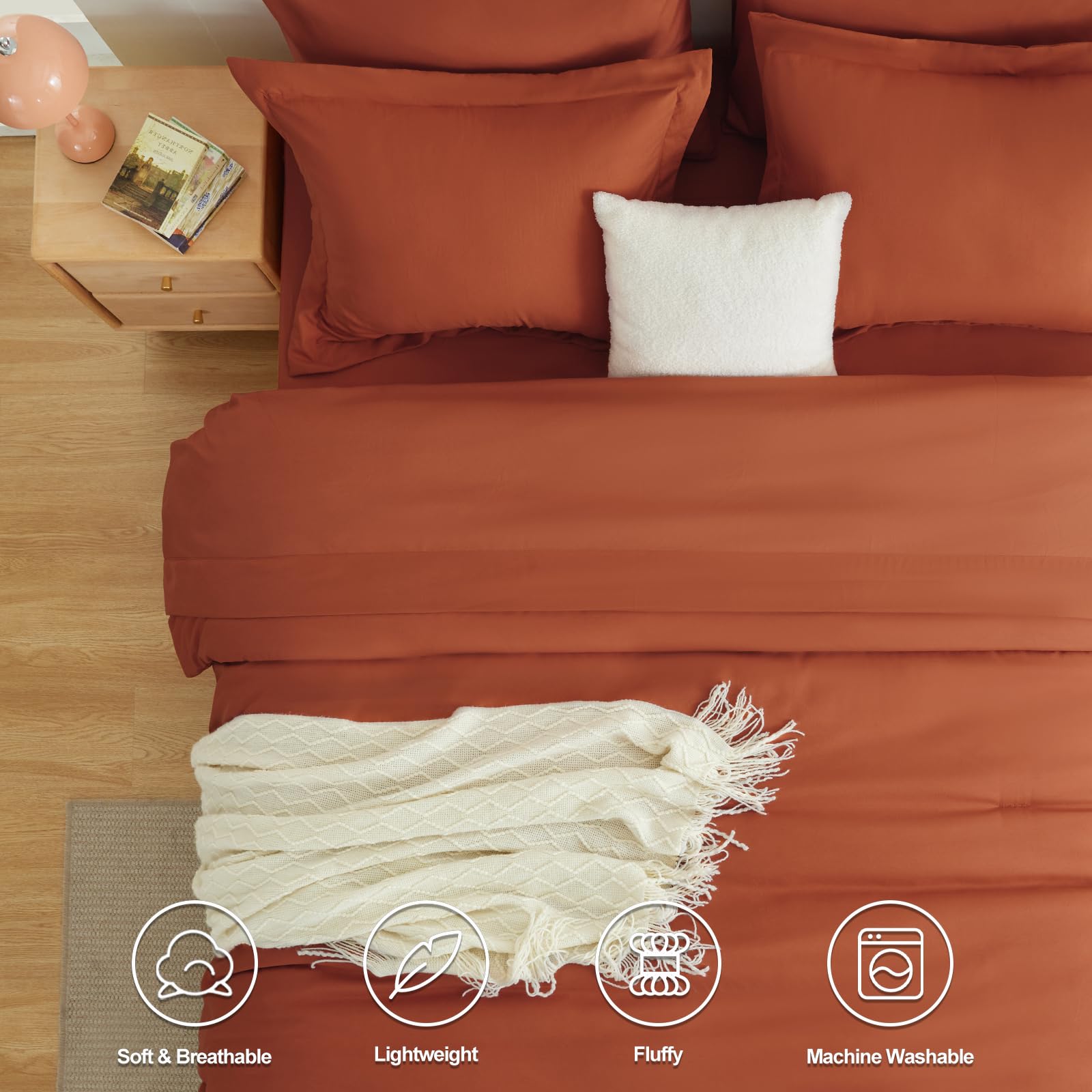 Queen Comforter Set Burnt Orange, 7 Pieces Bed in a Bag Terracotta