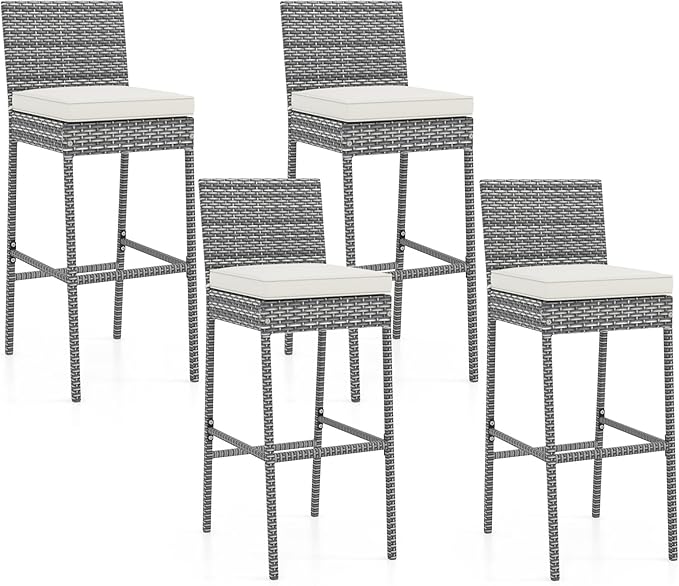 Outdoor Bar Stools Set of 2 - Wicker Rattan Patio Barstools Tall Chairs w/Back, Footrest