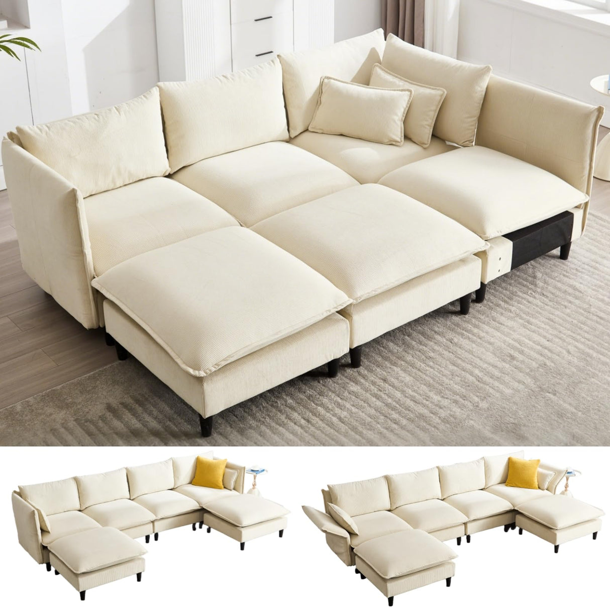 118" U-Shaped Modular Sectional Sofa, Convertible Sleeper Sofa with Ottoman