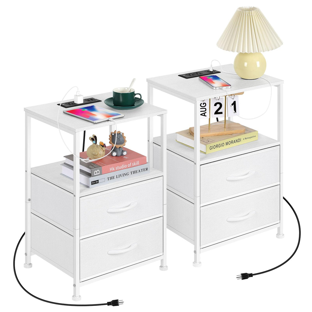 White Bedside Table Set of 2 with 2 Fabric Drawers Small Night Stand with Charging