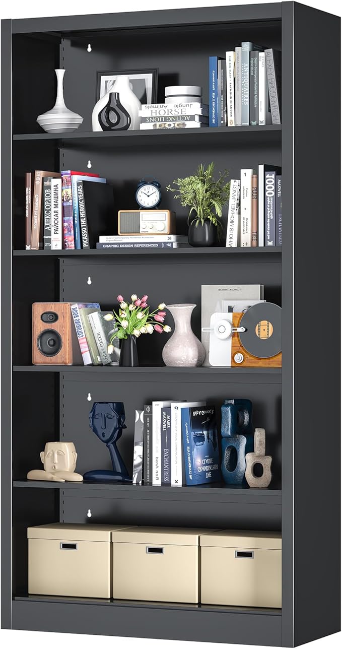Metal Bookcase, 14" Deep Bookshelf, 66" Tall Bookcases with Adjustable Shelves