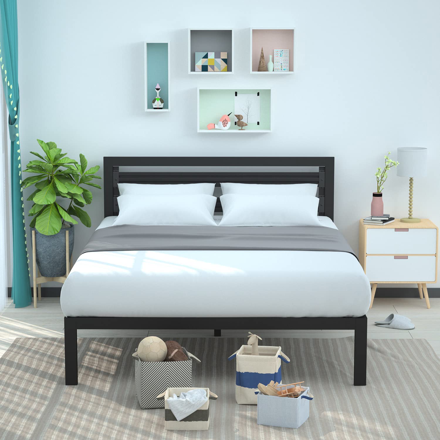 Industrial Metal Bed Frame with Headboard - Queen, Black