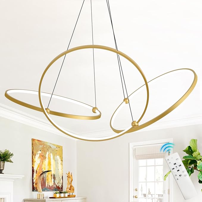 Gold Modern Chandelier Remote Control 2-Ring LED Chandelier Dimmable Pendant