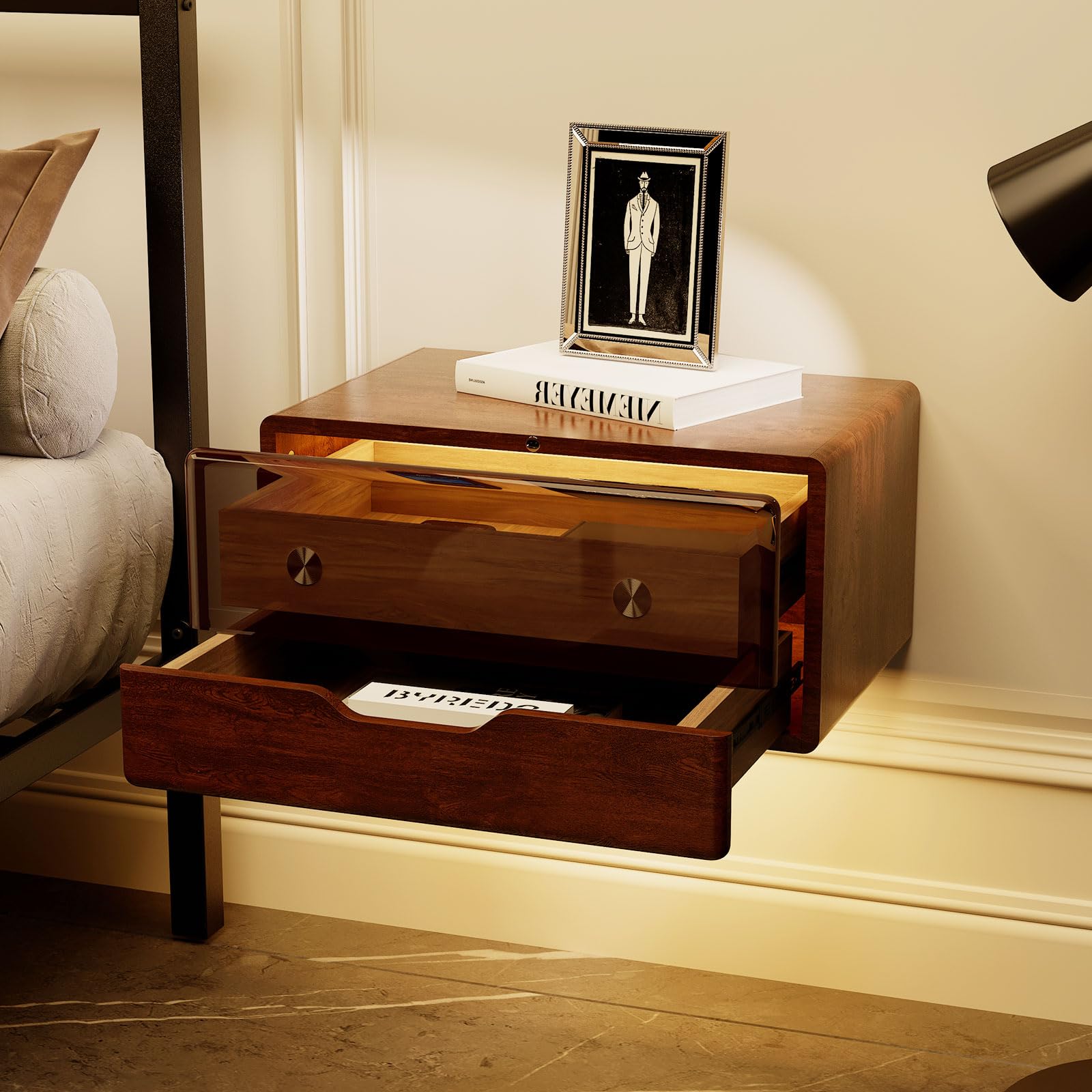 Floating LED Nightstand Smart Bedside Table,Wall Mounted Wood Sensor lamp NightStand