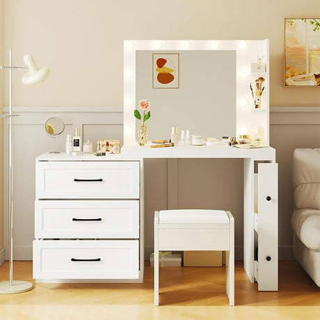 Modern Vanity Desk with Mirror and Lights, 31.57" Makeup Vanity with 2 Storage Drawers and Cabinet