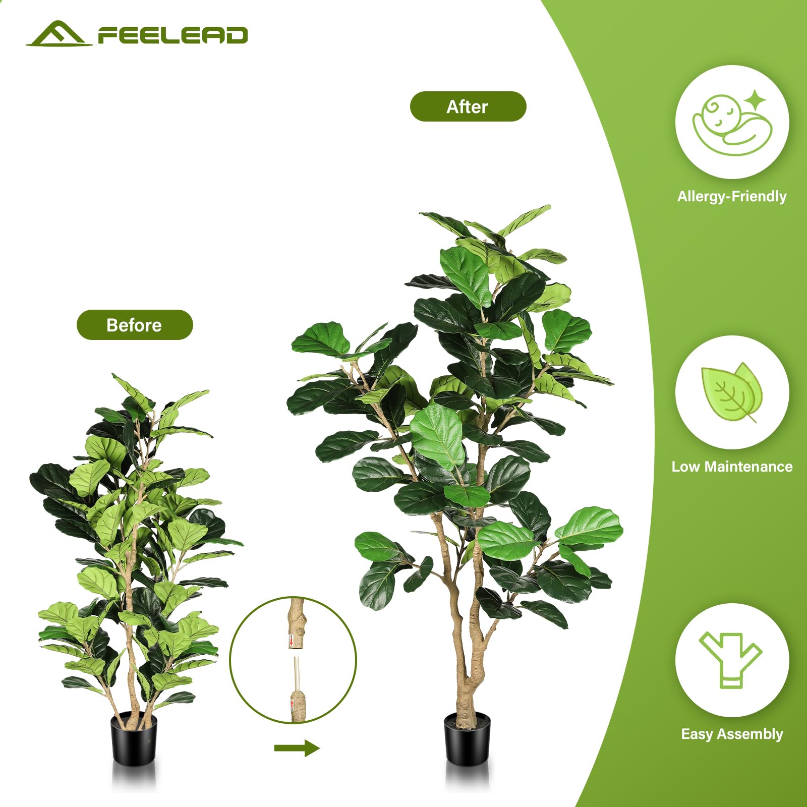 Feelead Artificial Fiddle Leaf Fig Tree - 6ft Artificial Plant Large Fake Fig Leaf Tree with Plastic Nursery Pot