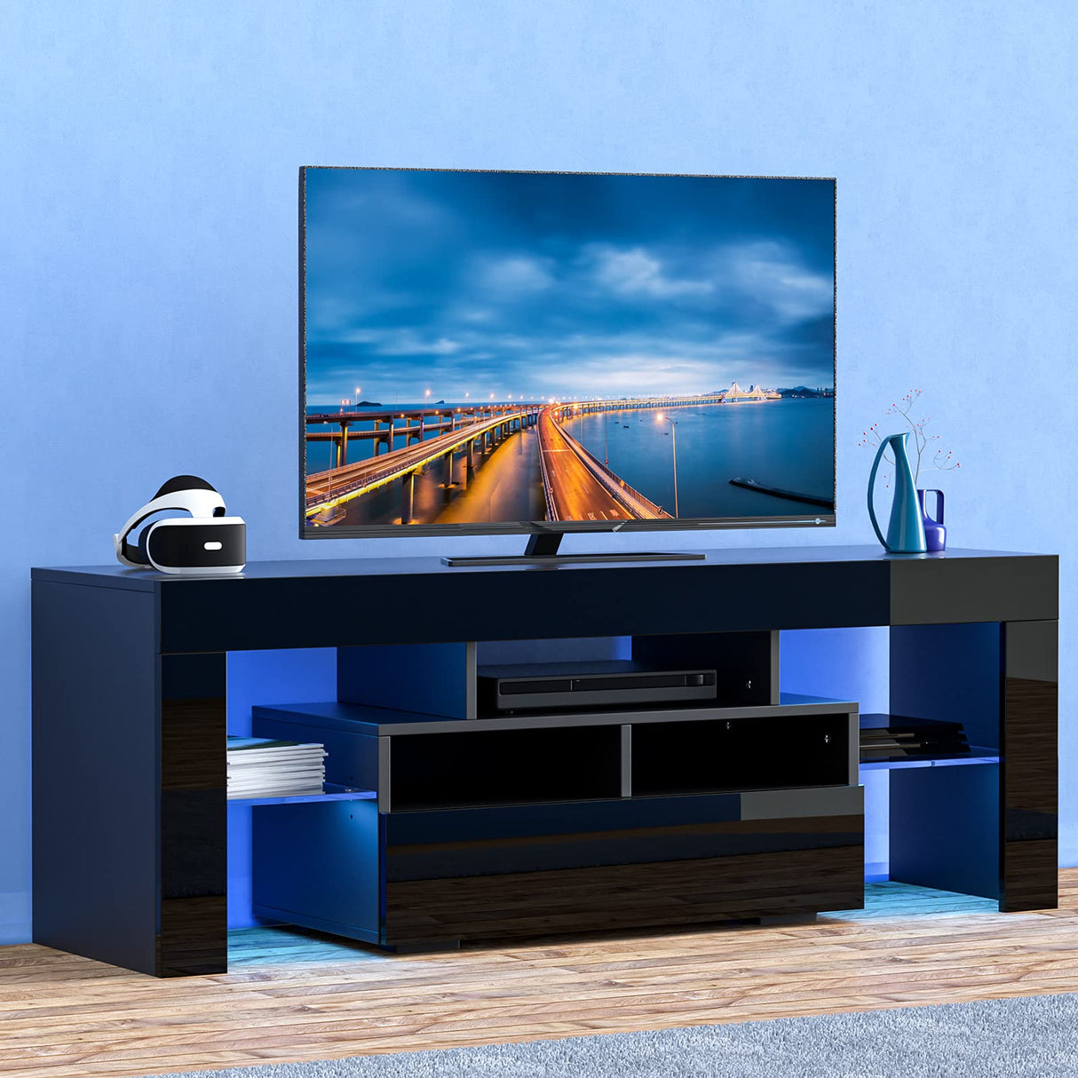 LED Black TV Stand for 50/55/60inch TV,Modern Entertainment Center with Storage