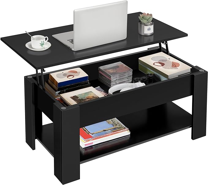 Lift Top Coffee Table w/Hidden Storage Compartment and Storage Shelf - Lift Tabletop