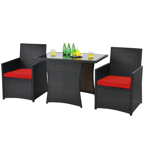 3-Piece Outdoor Wicker Bistro Set PE Rattan Dining Table Set with Cushioned Chairs