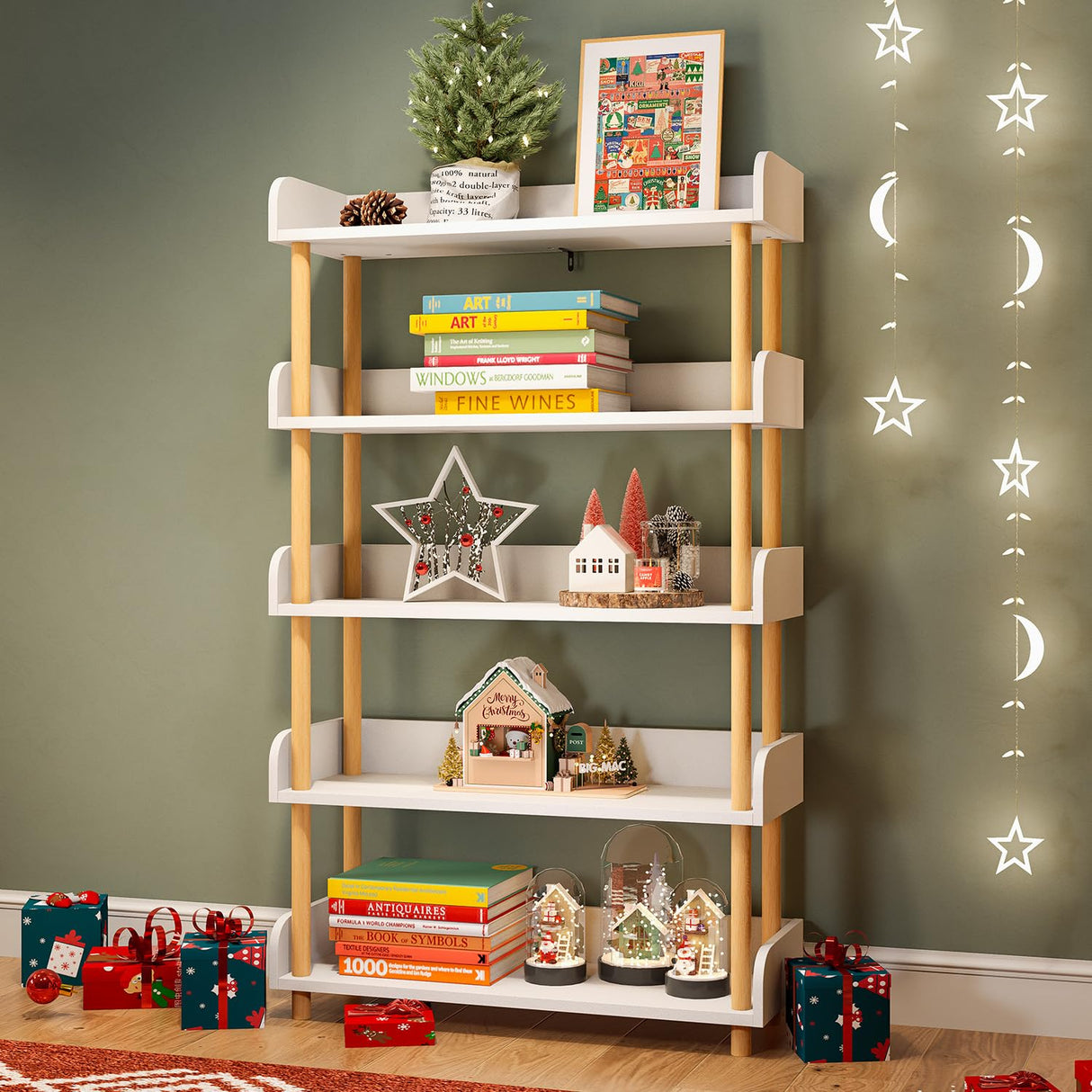 5-Tier Wooden Open Bookshelf, Morden Display Shelf with Free Standing Storage Rack, Multifunctional Bookcase for Home and Office, Living Room, Bedroom, Library (White, 5-Tier)