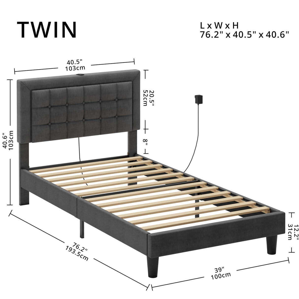 Twin Bed Frame with USB Ports, Platform Bed with Height Adjustable Upholstered