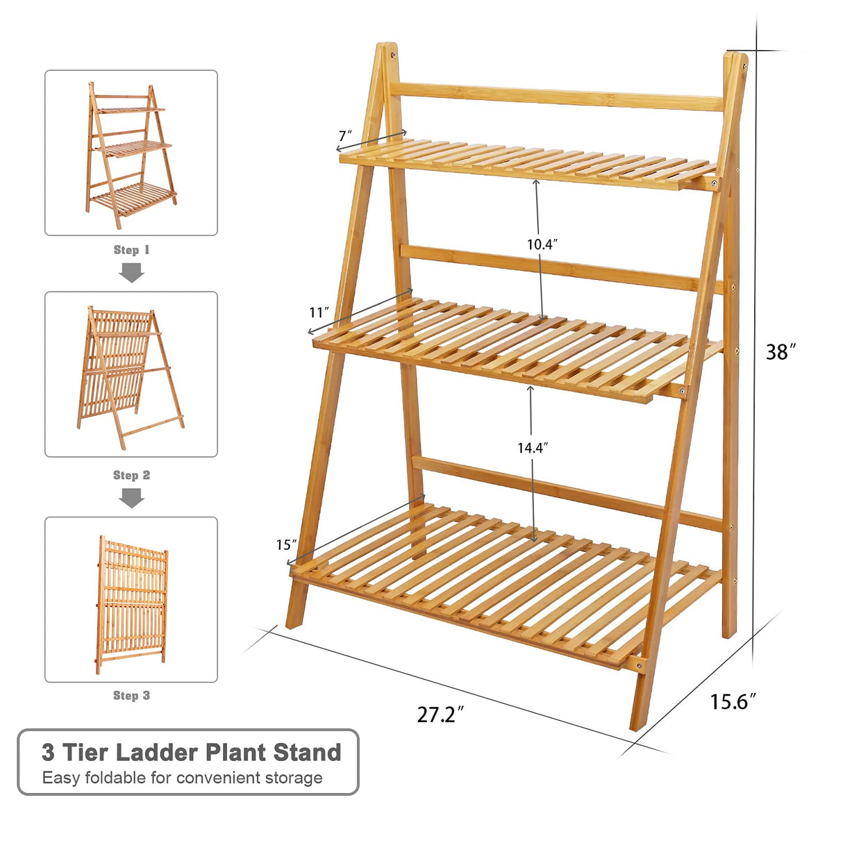 Bamboo Ladder Plant Stand 3 Tier Foldable Flower Pot Display Shelf Rack