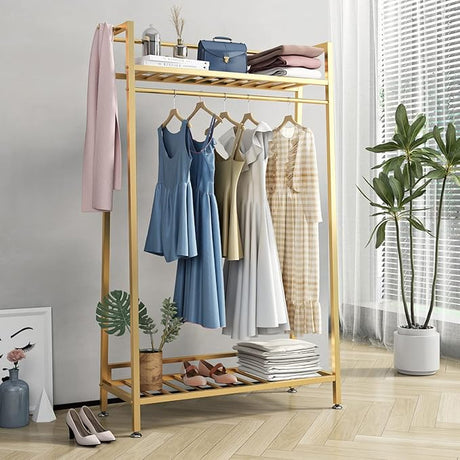 Gold Clothing Rack on Wheels Modern Display Rack with 2-tier Shelf Metal Hanging Rack Gold Clothes Rack