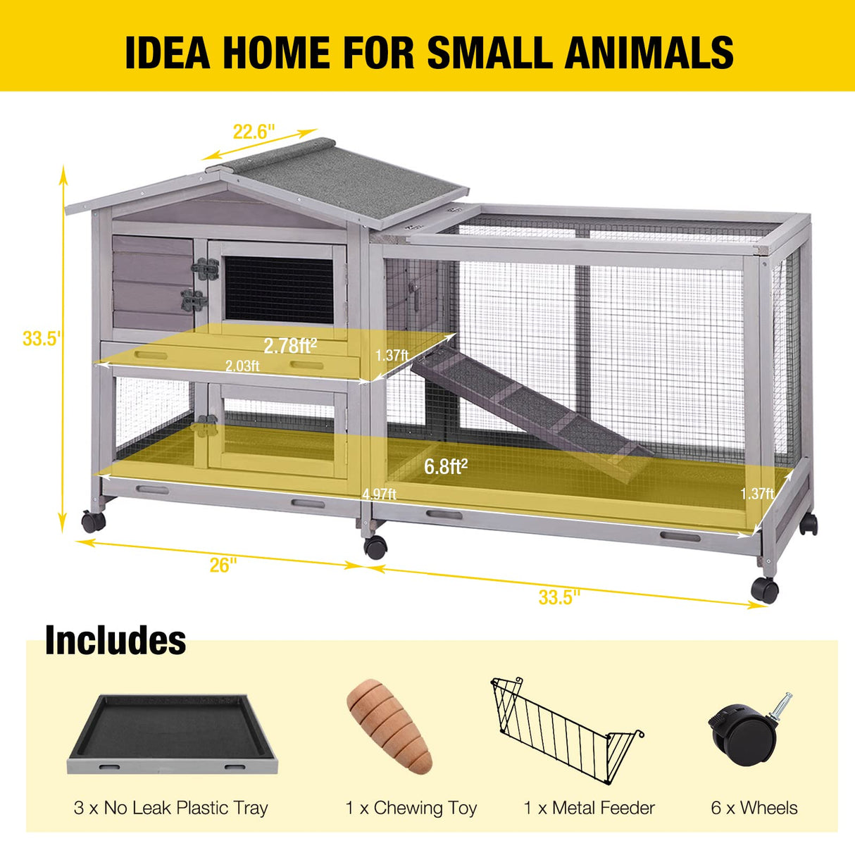 Rabbit Hutch Outdoor Indoor Rabbit Cage Chikcen Coop with Casters Guinea Pig Cage