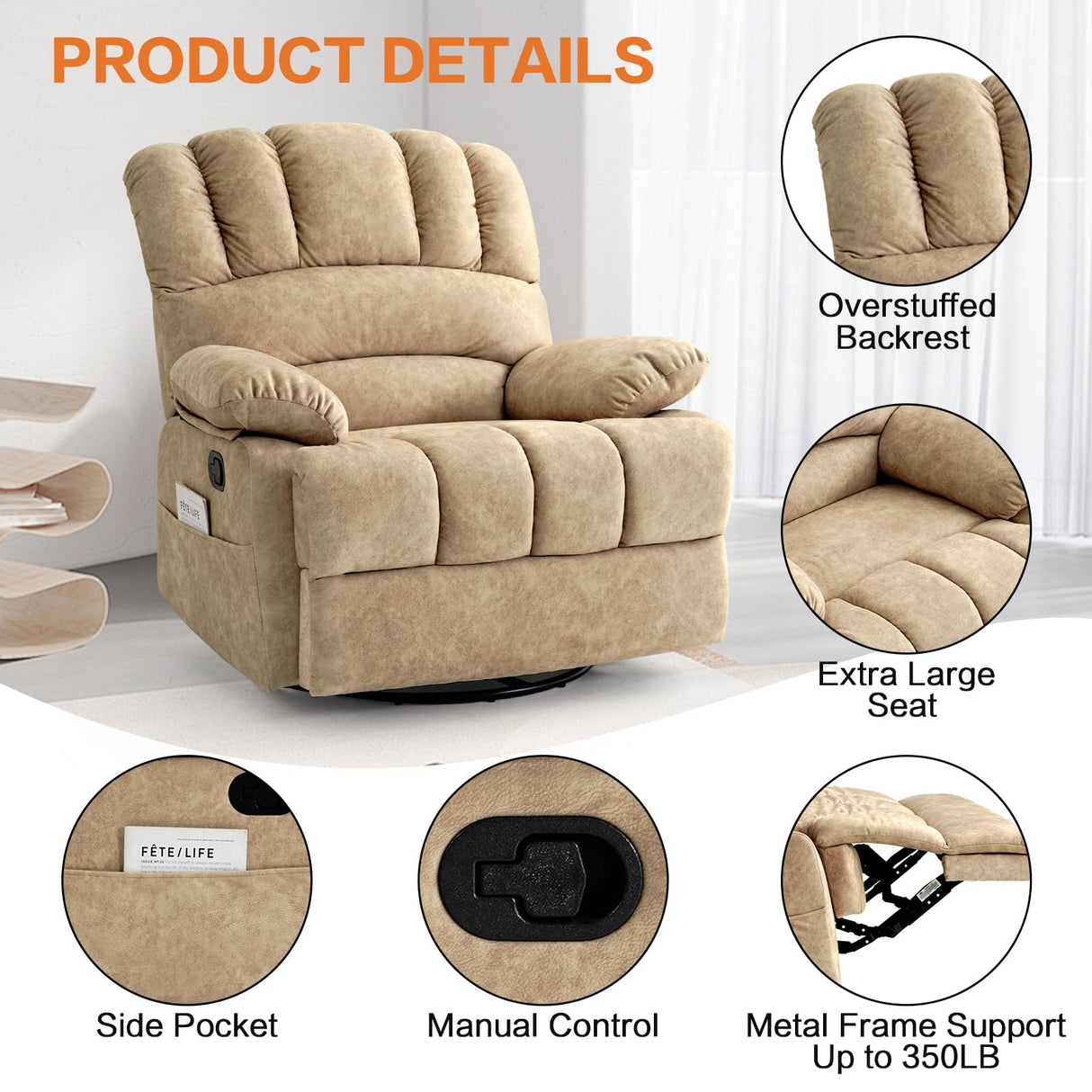 40" Oversized Rocker Recliner Chair for Adults,360°Swivel Rocking Recliners for Big